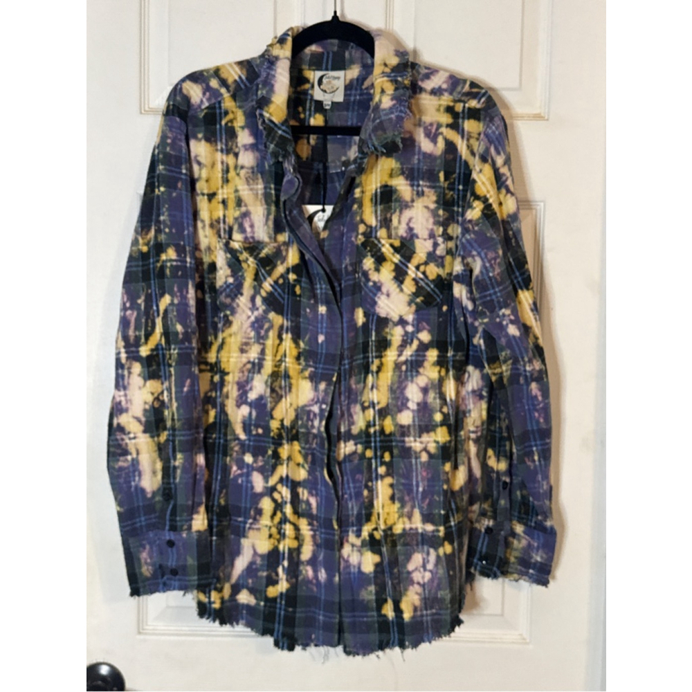 Women's Jaded Gypsy Bleached Plaid Button Down Shirt S Purple Yellow